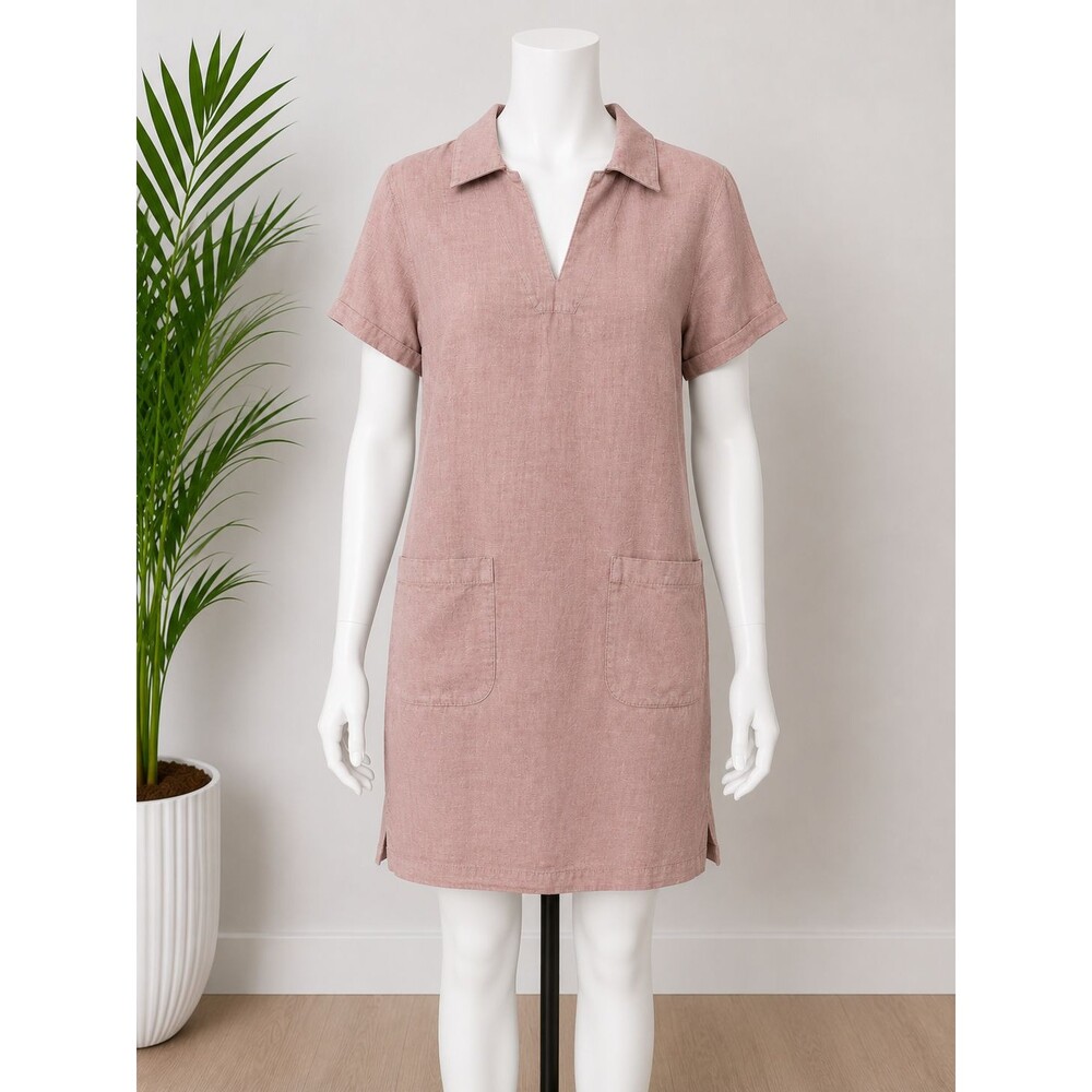 NWT Dockers Women's Linen Blend Shirt Dress Pink Size Small Collared Pockets